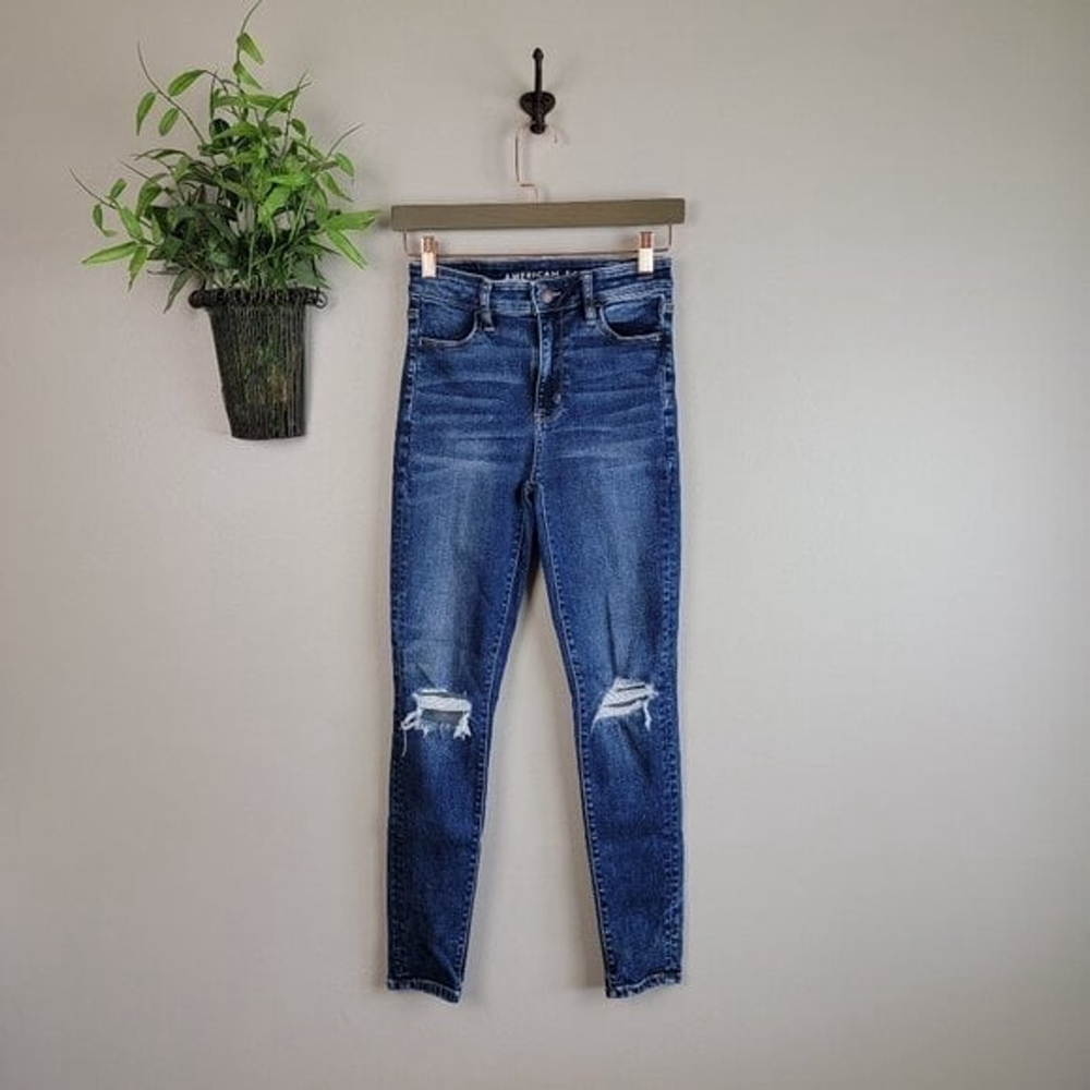 American Eagle Super Hi Rise Jegging Dark Wash Distressed Skinny Ripped Jeans 0